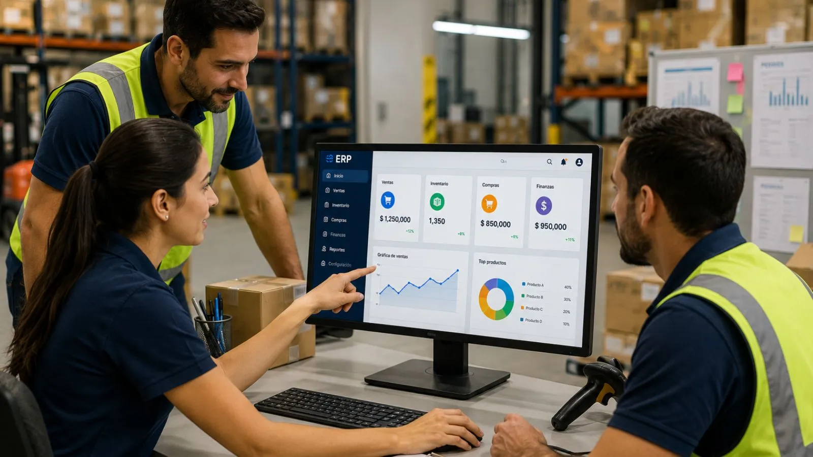 Equipo operativo utilizando un sistema ERP en un almacén empresarial