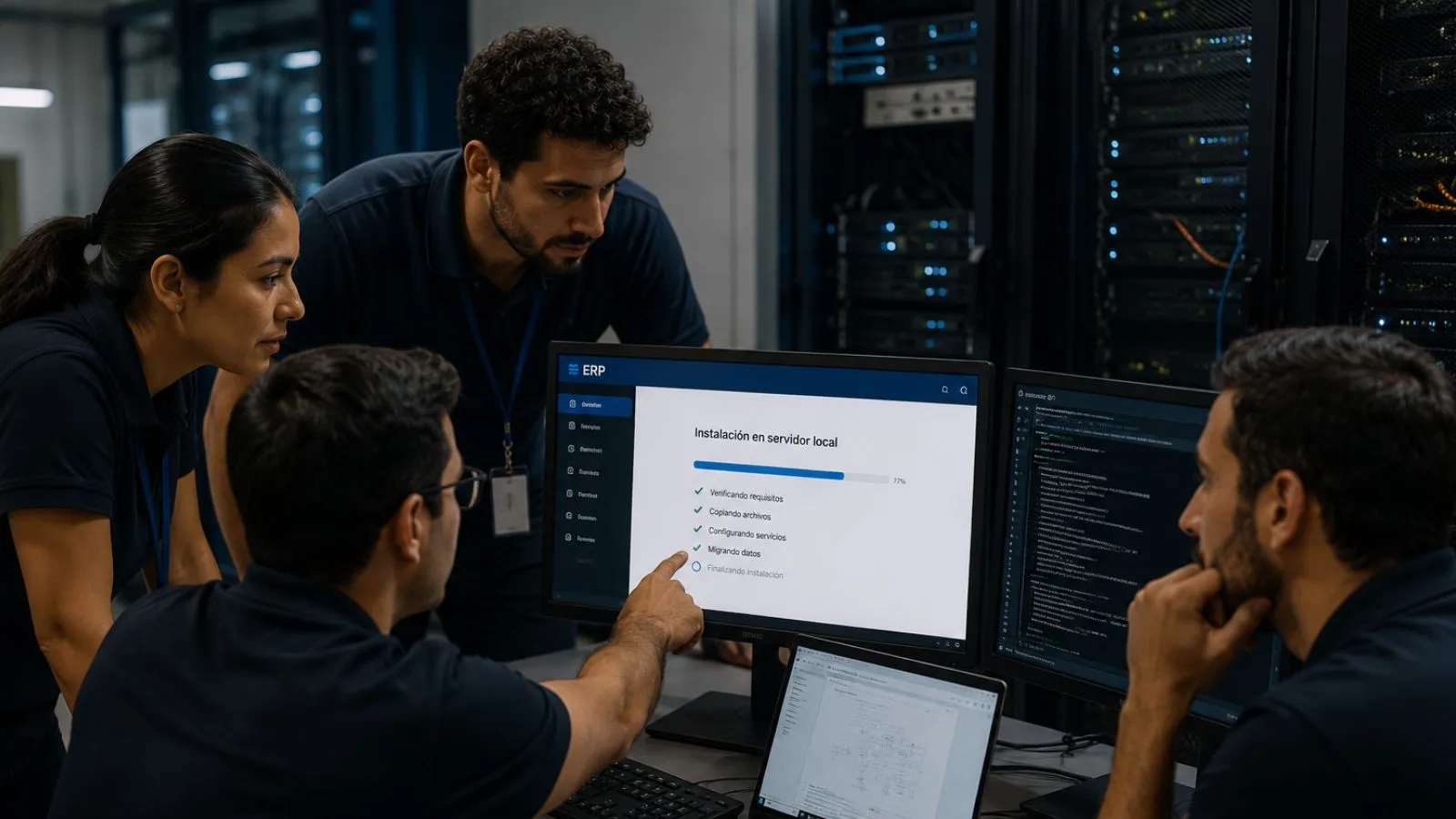Equipo de TI instalando un ERP local en servidores empresariales