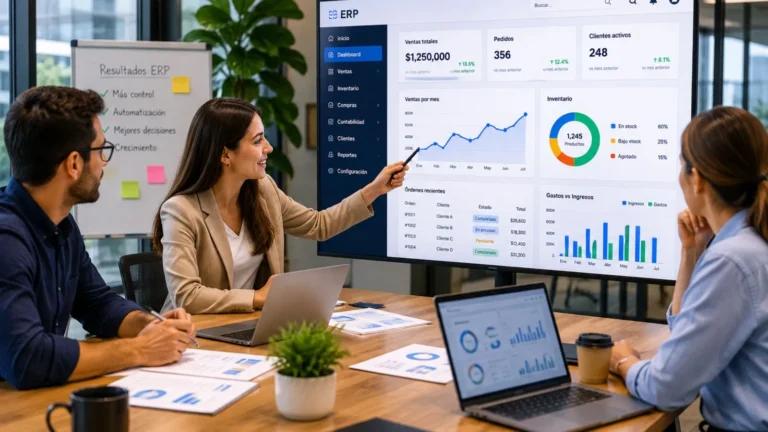 Equipo de trabajo analizando un sistema ERP en una oficina moderna
