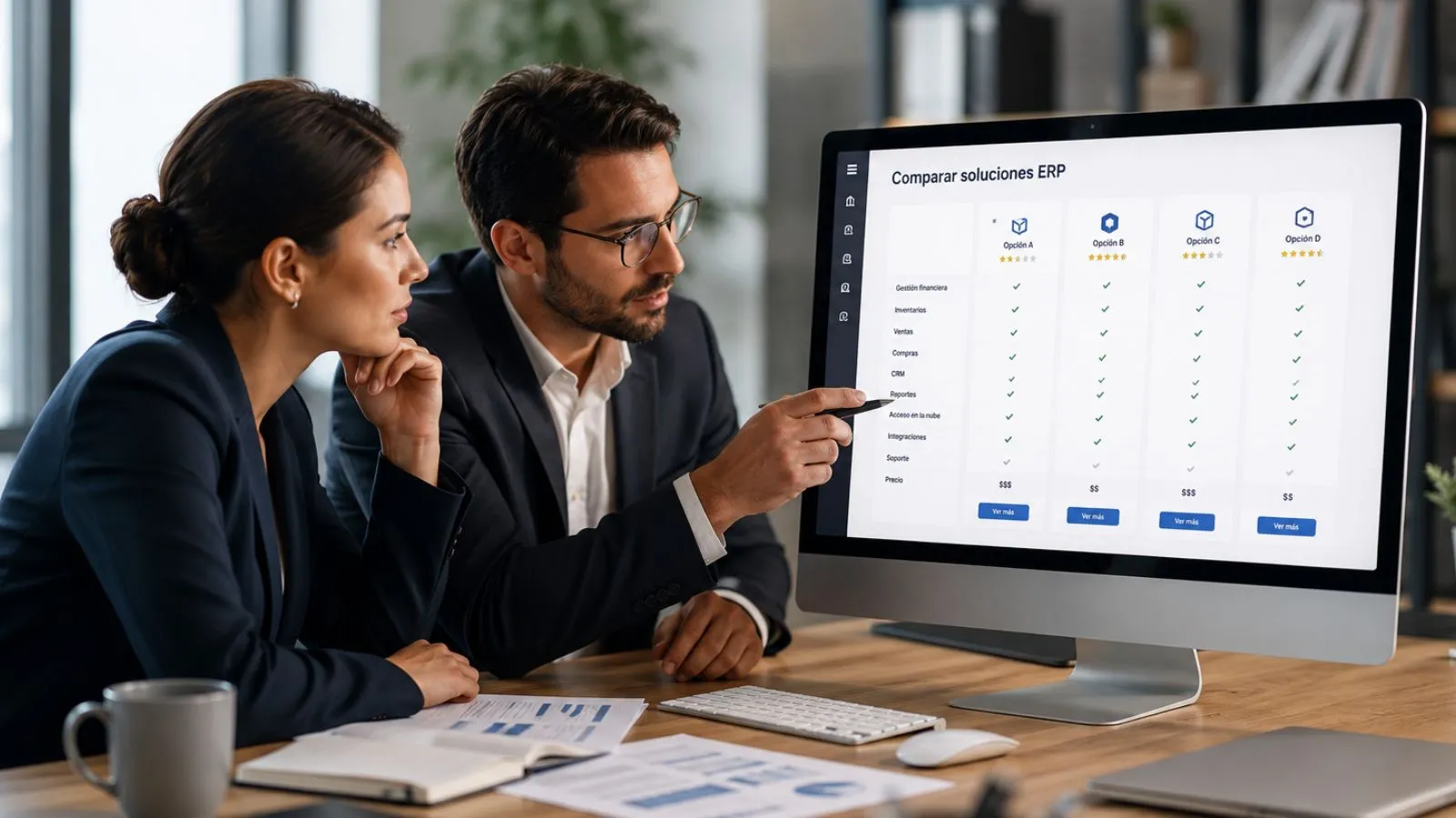 Directivos evaluando opciones de ERP para PyMES en una empresa
