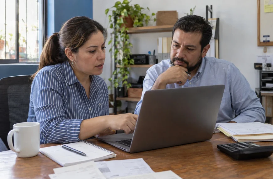 Empresaria y asesor revisan información financiera en una laptop