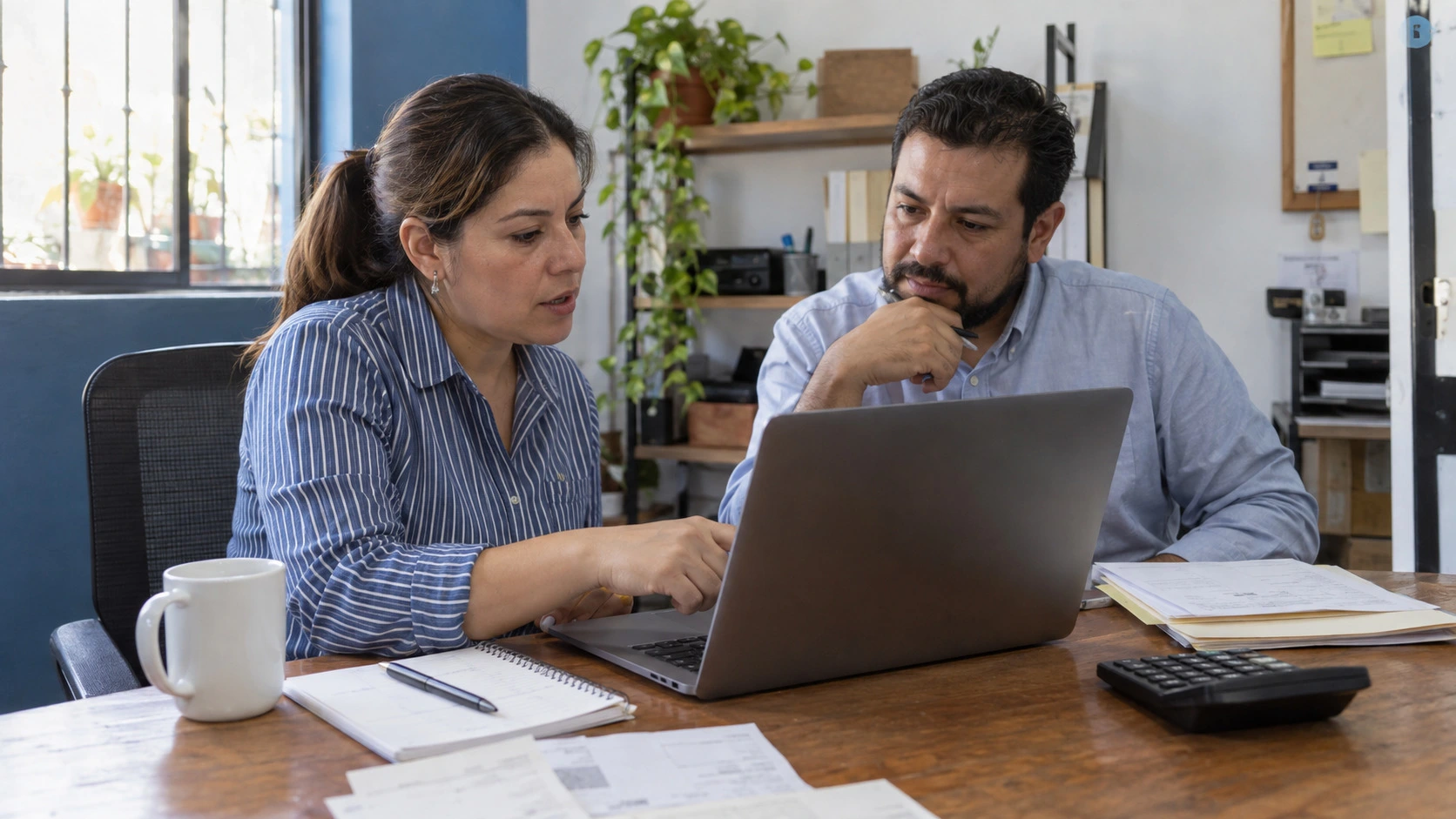 Empresaria y asesor revisan información financiera en una laptop