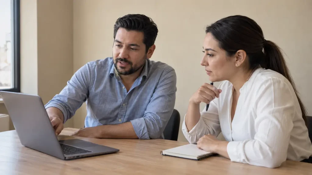 Responsable administrativa compara una factura con datos de un software contable