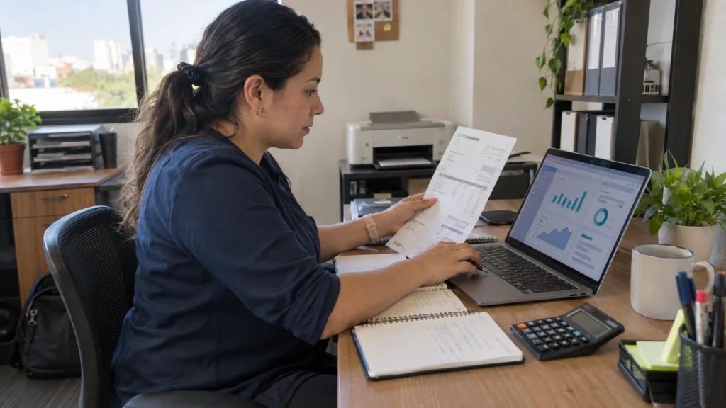Responsable administrativa compara una factura con datos de un software contable