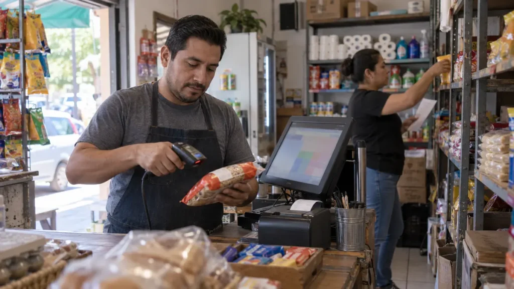 Encargado de una PyME registra una venta mientras una colaboradora revisa el inventario